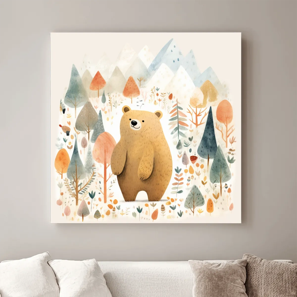 Cute quirky storybook nursery art, a brown bear in the mountains