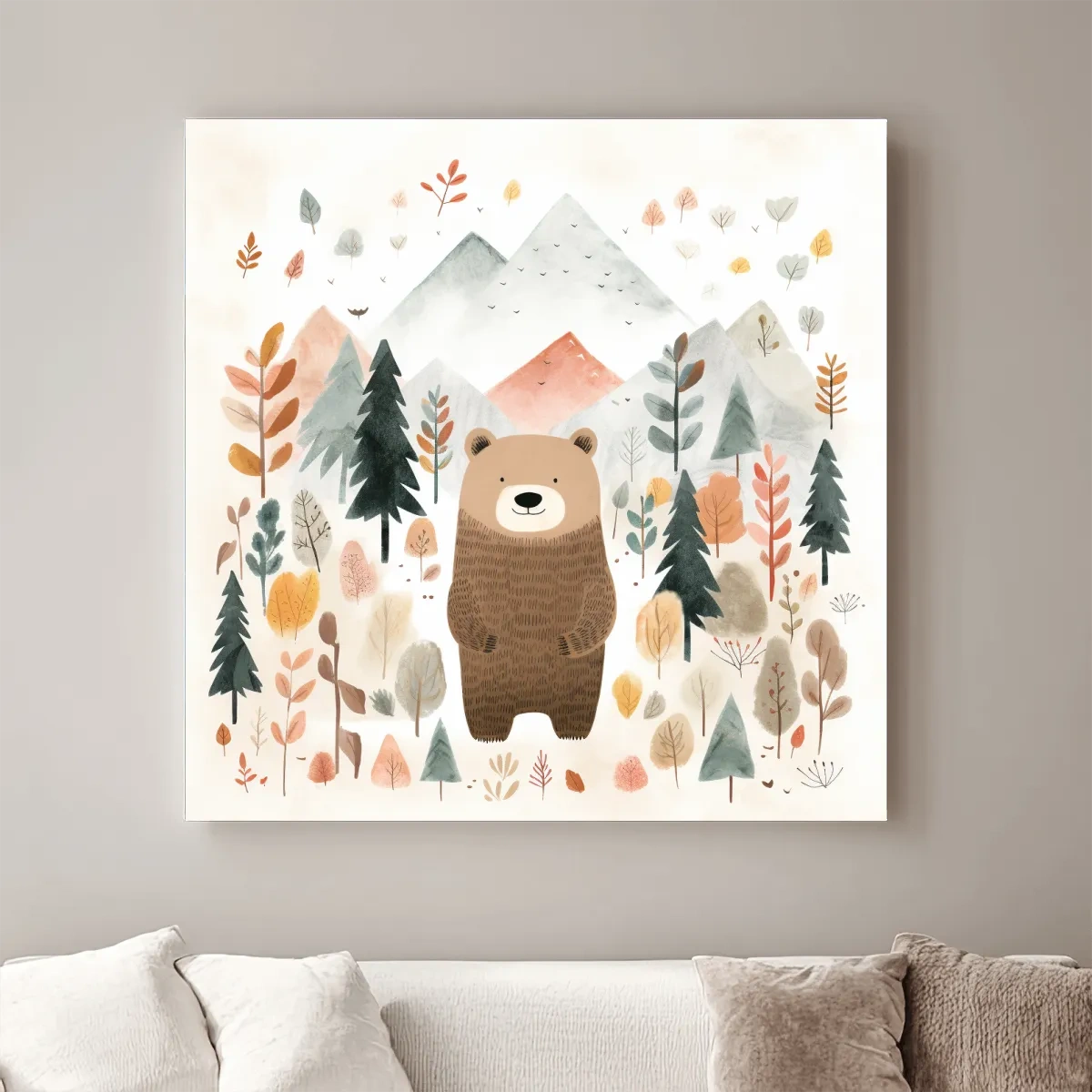 Nursery storybook art illustration of a brown bear in the forest
