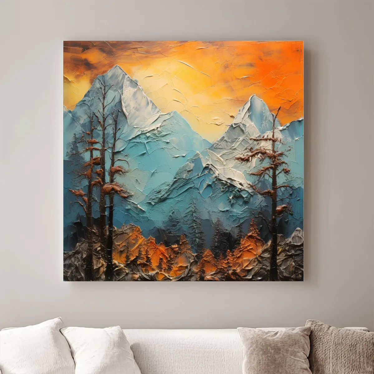 Mountains at sunset, thick impasto textured oil painting print