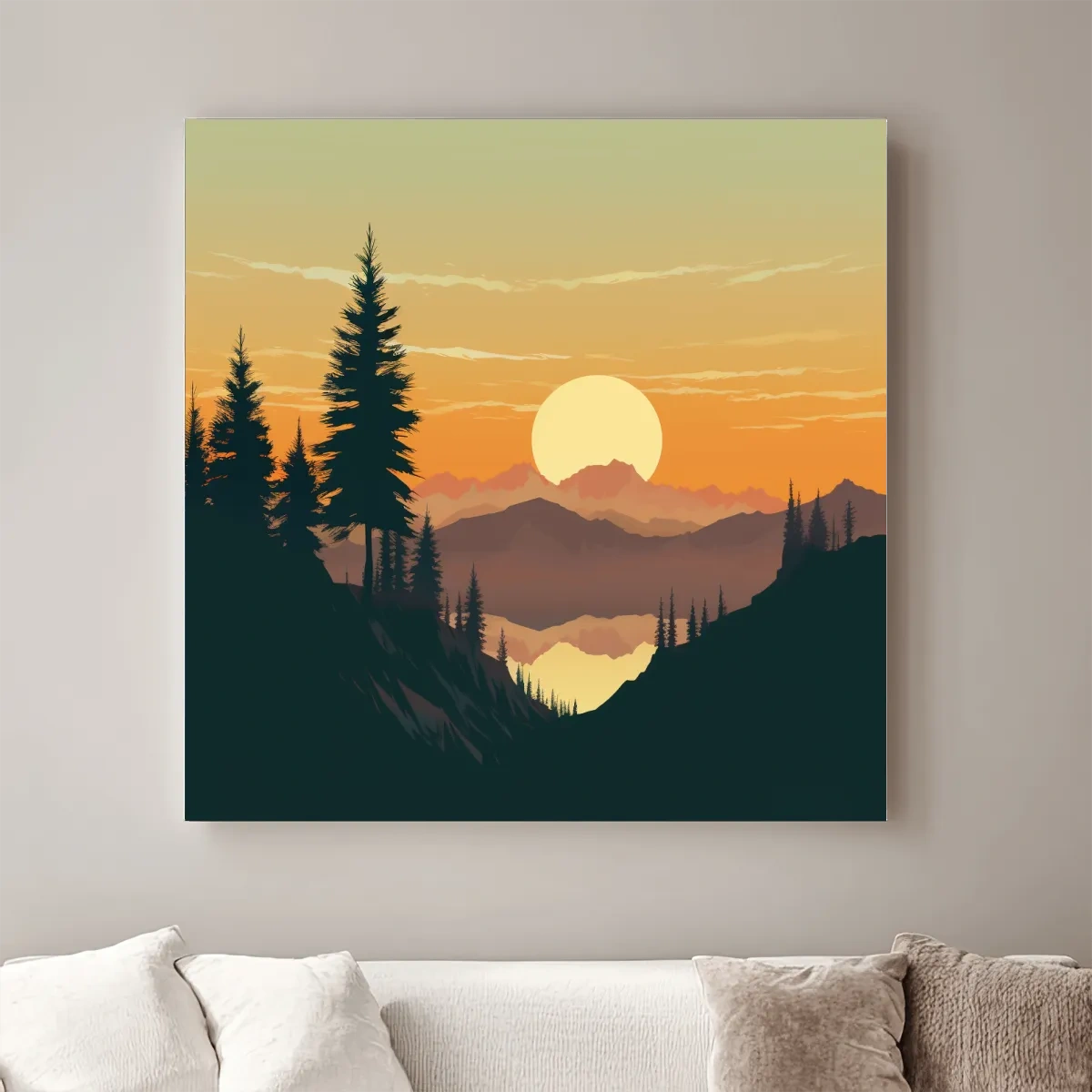 Mimimal mountain art, sunset over the alpine trees