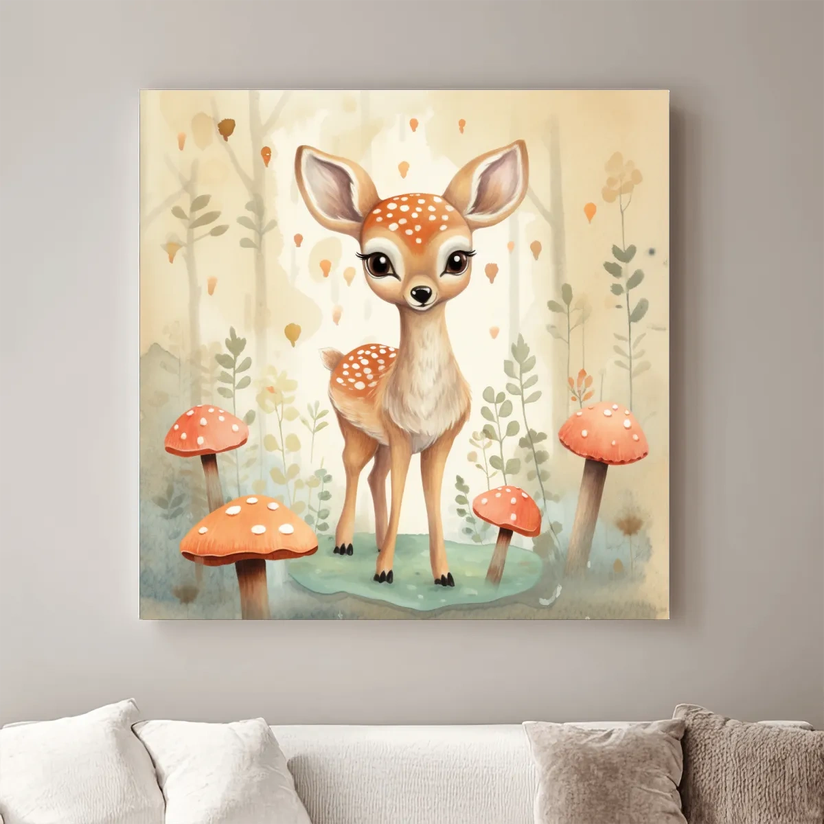 Nursery art, illustration of a cute baby fawn in the forest