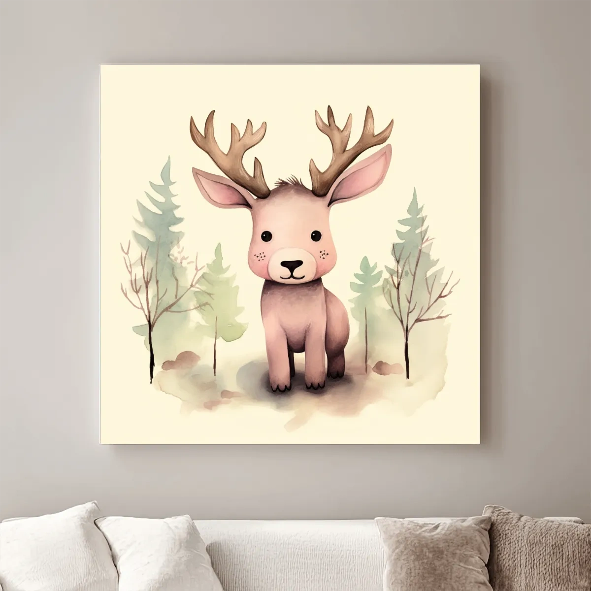 Childrens nursery art, an illustration of a cute baby moose in the forest