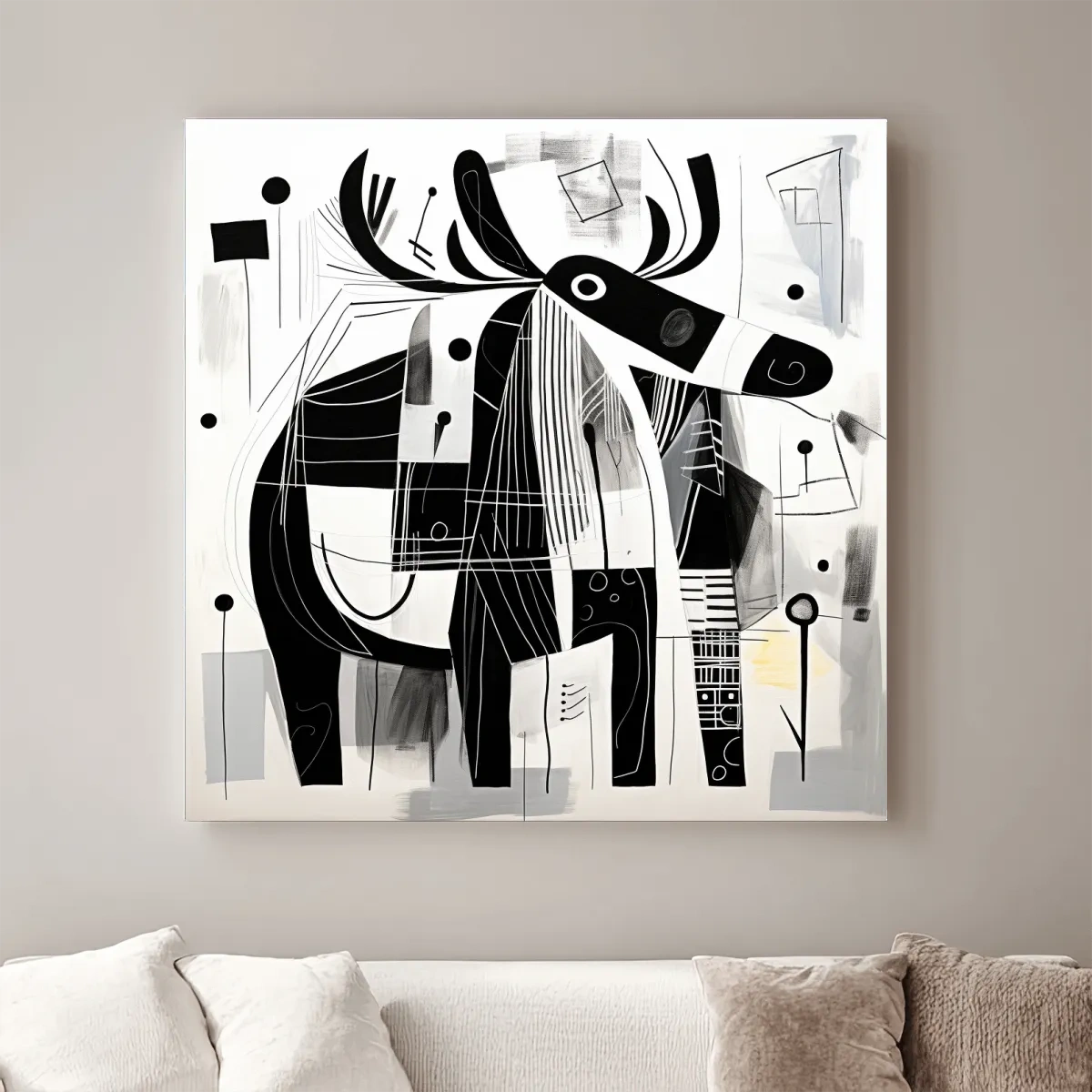 Abstract Monochrome Moose Illustration - Modern Geometric Wildlife Wall Art