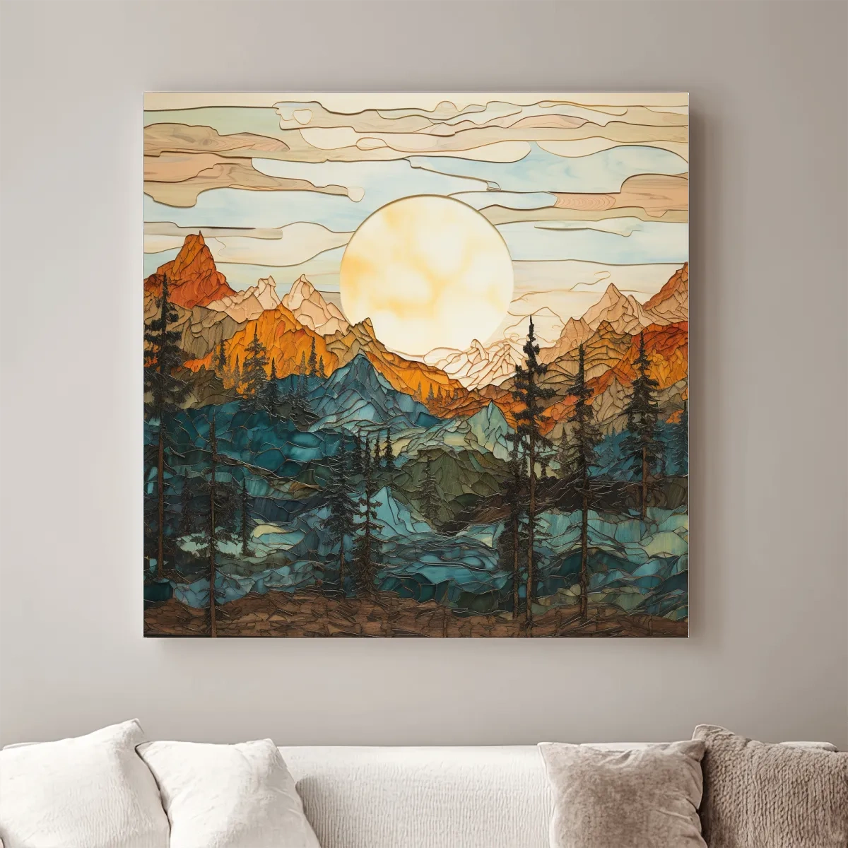 Sunset over the alpine forest mountain art, leadlight stained glass style
