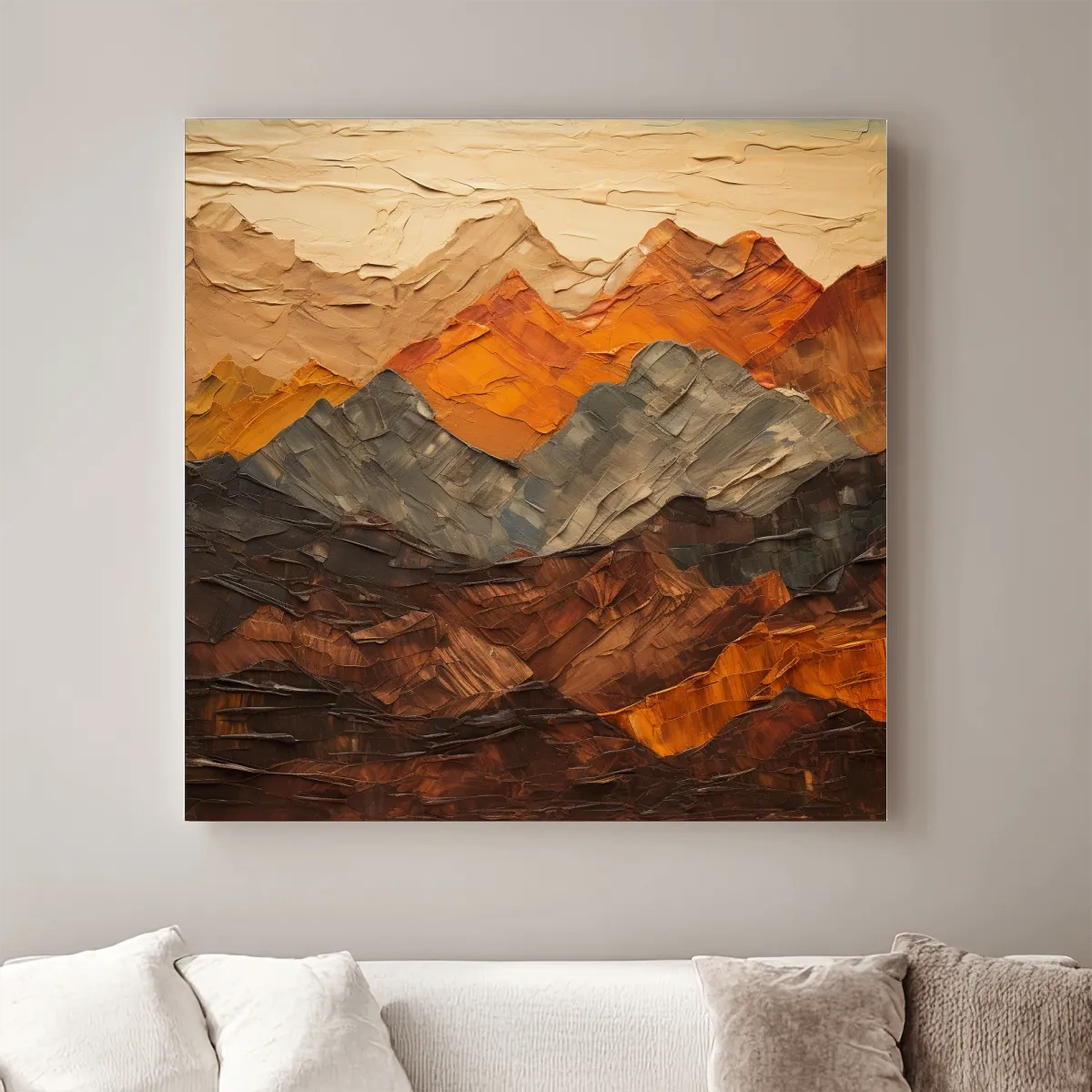Textured impasto painting of earthy coloured mountains
