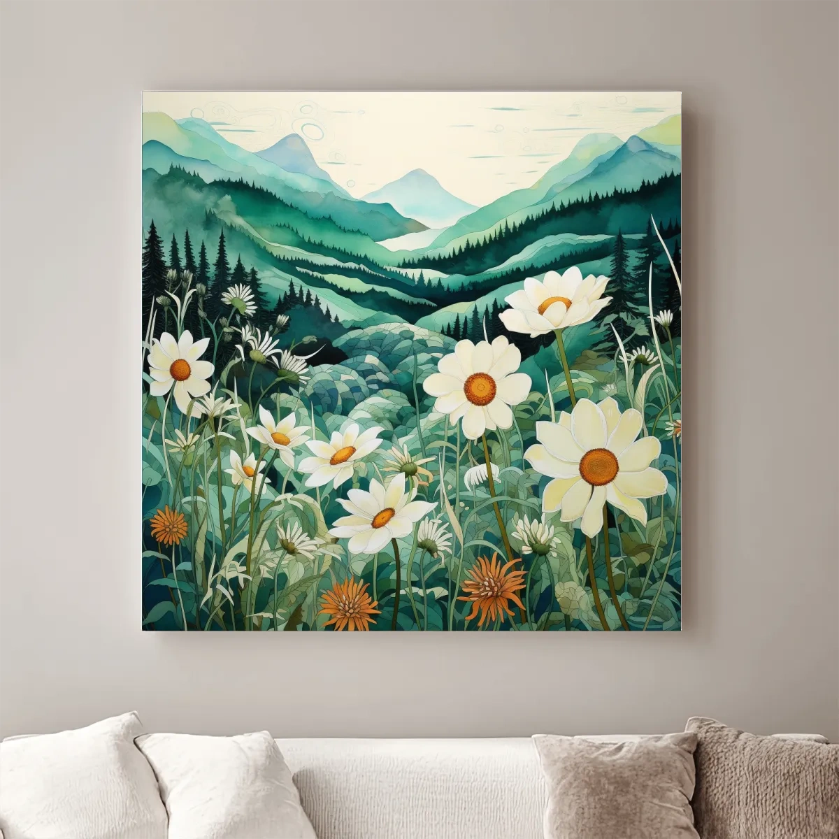 Flowers in the alpine meadows, watercolour illustration
