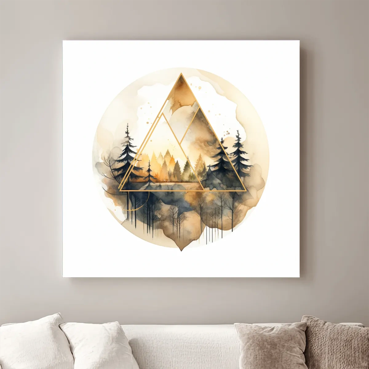 Rustic geometric forest watercolour painting, minimal and elegant