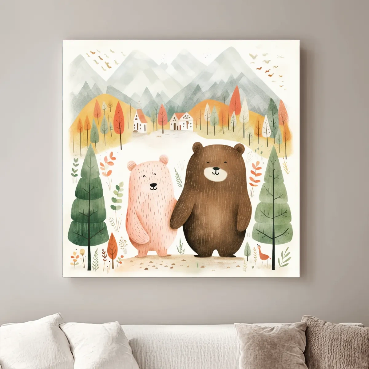 Cute storybook nursery art, bears holding hands in the mountains 