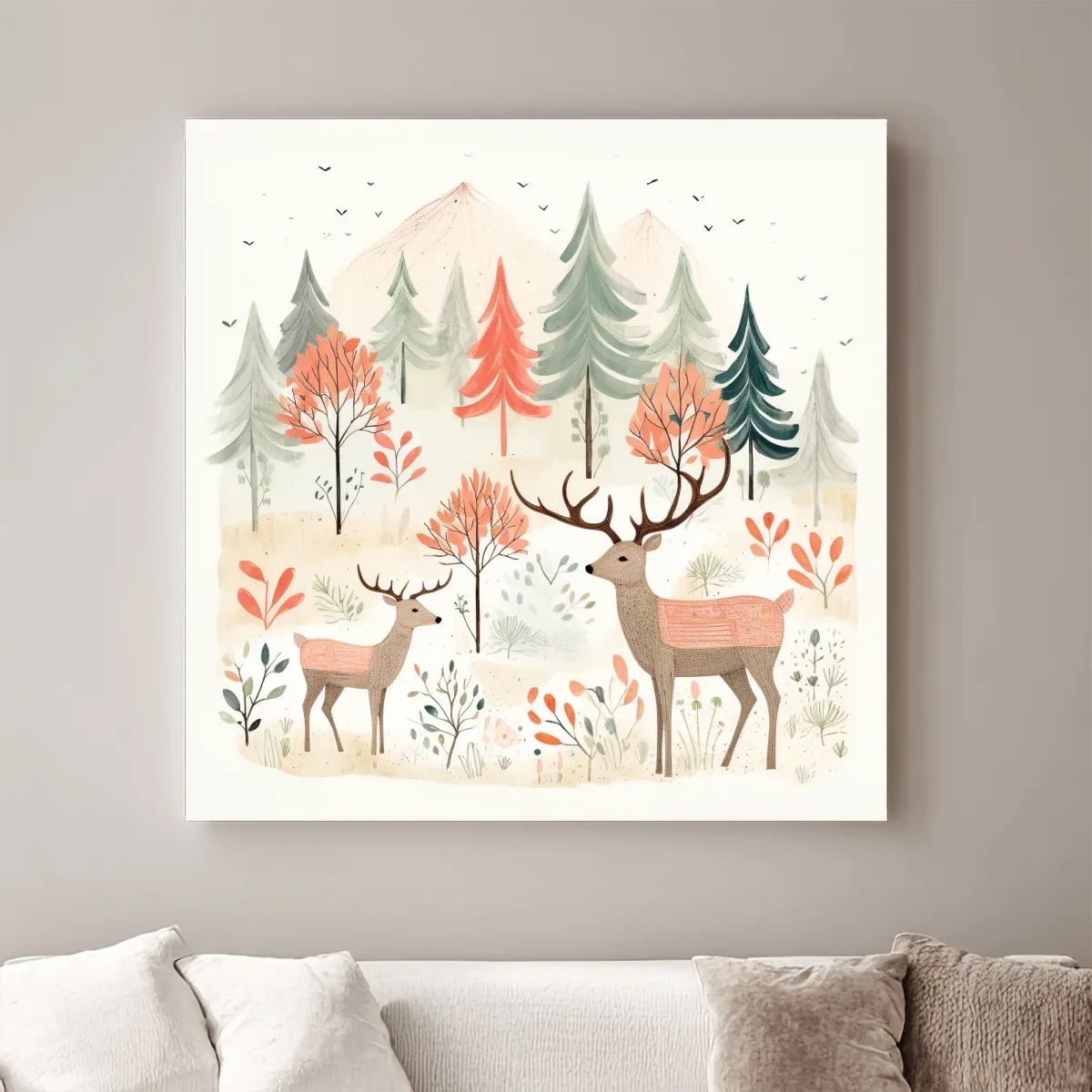 Storybook nursery art illustration, deer family in the forest