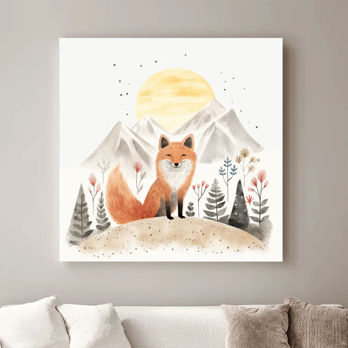 Cute quirky storybook nursery art, a happy fox in the mountains