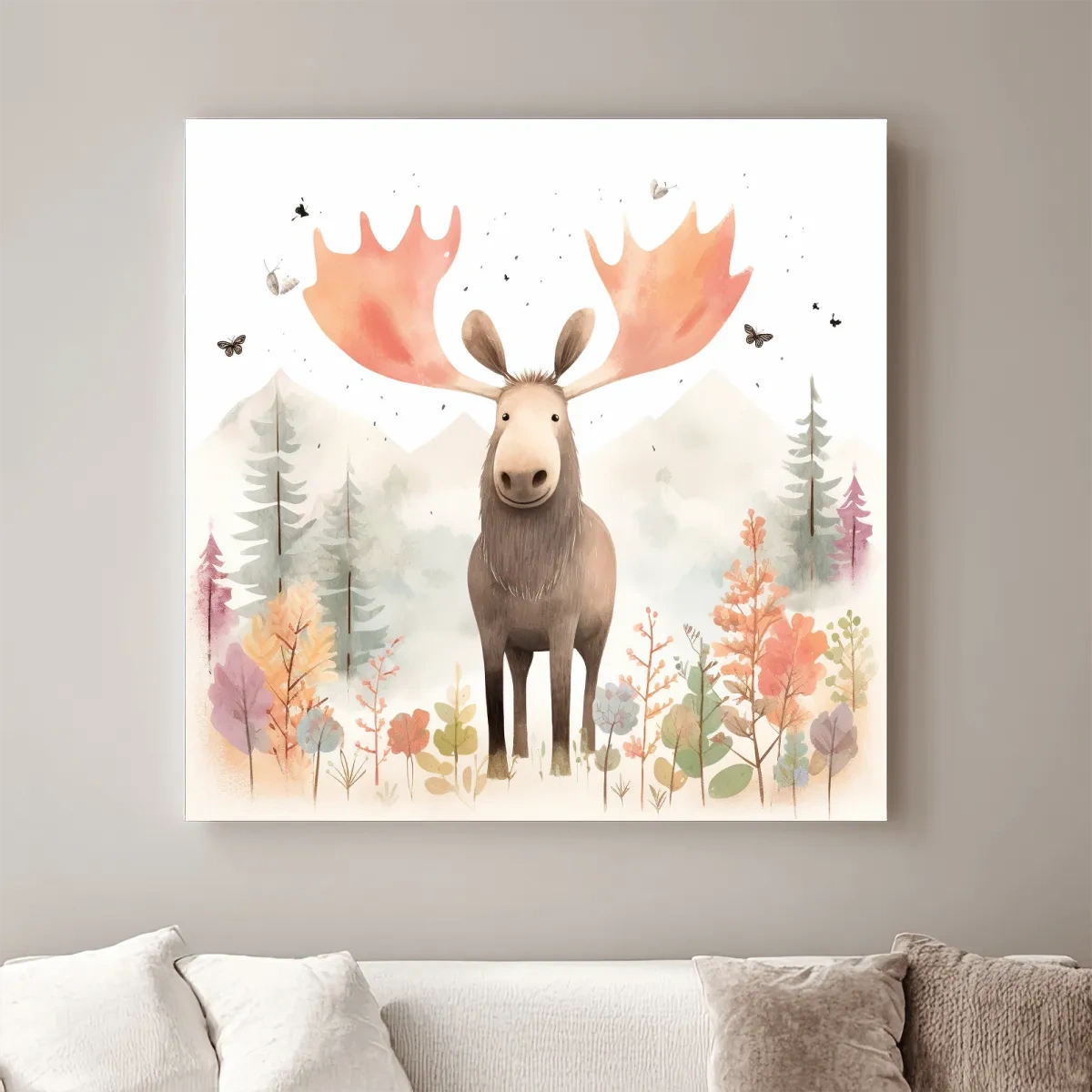 Nursery storybook artwork illustration, a happy moose in the mountains