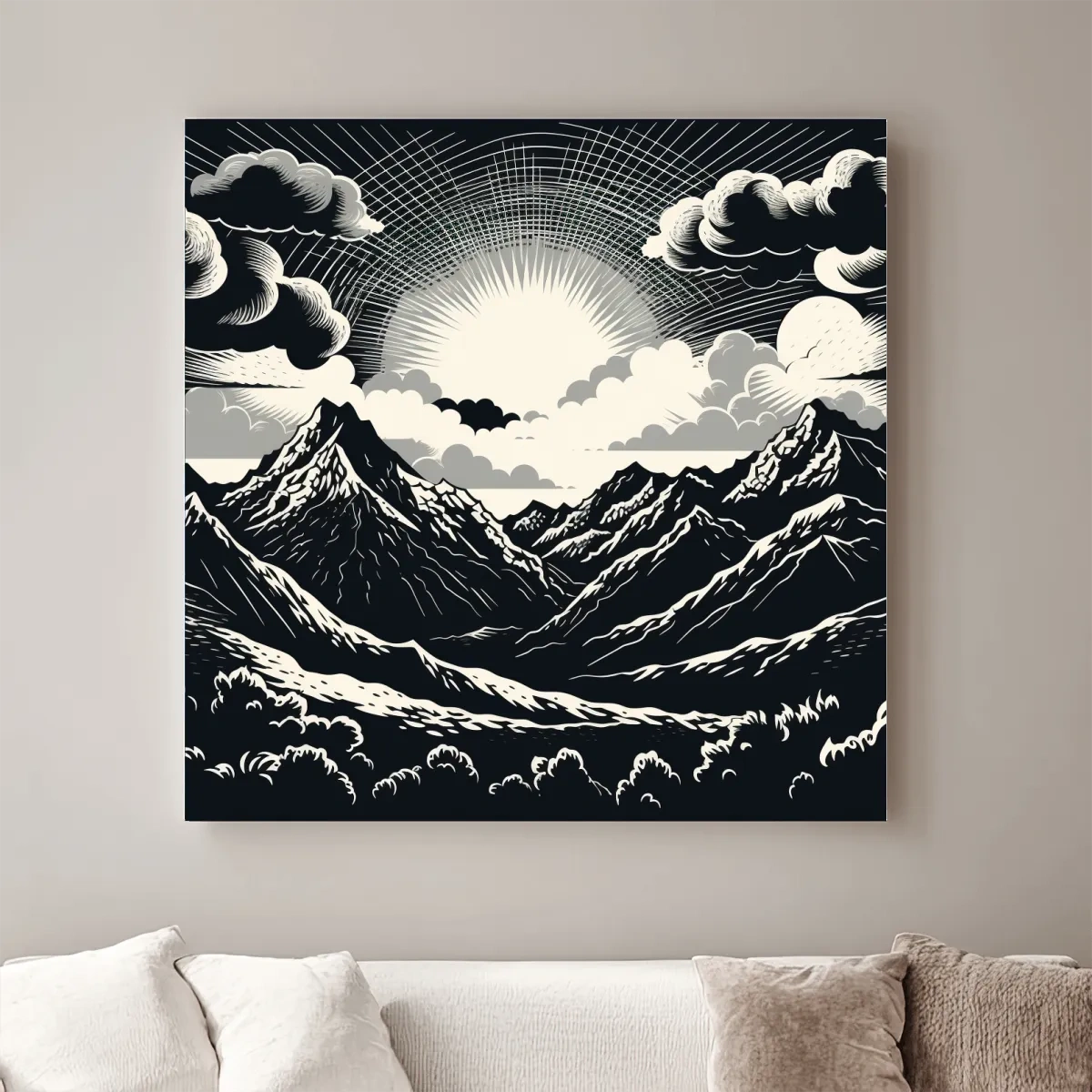 Sunset over mountain ranges, linocut style black & white artwork
