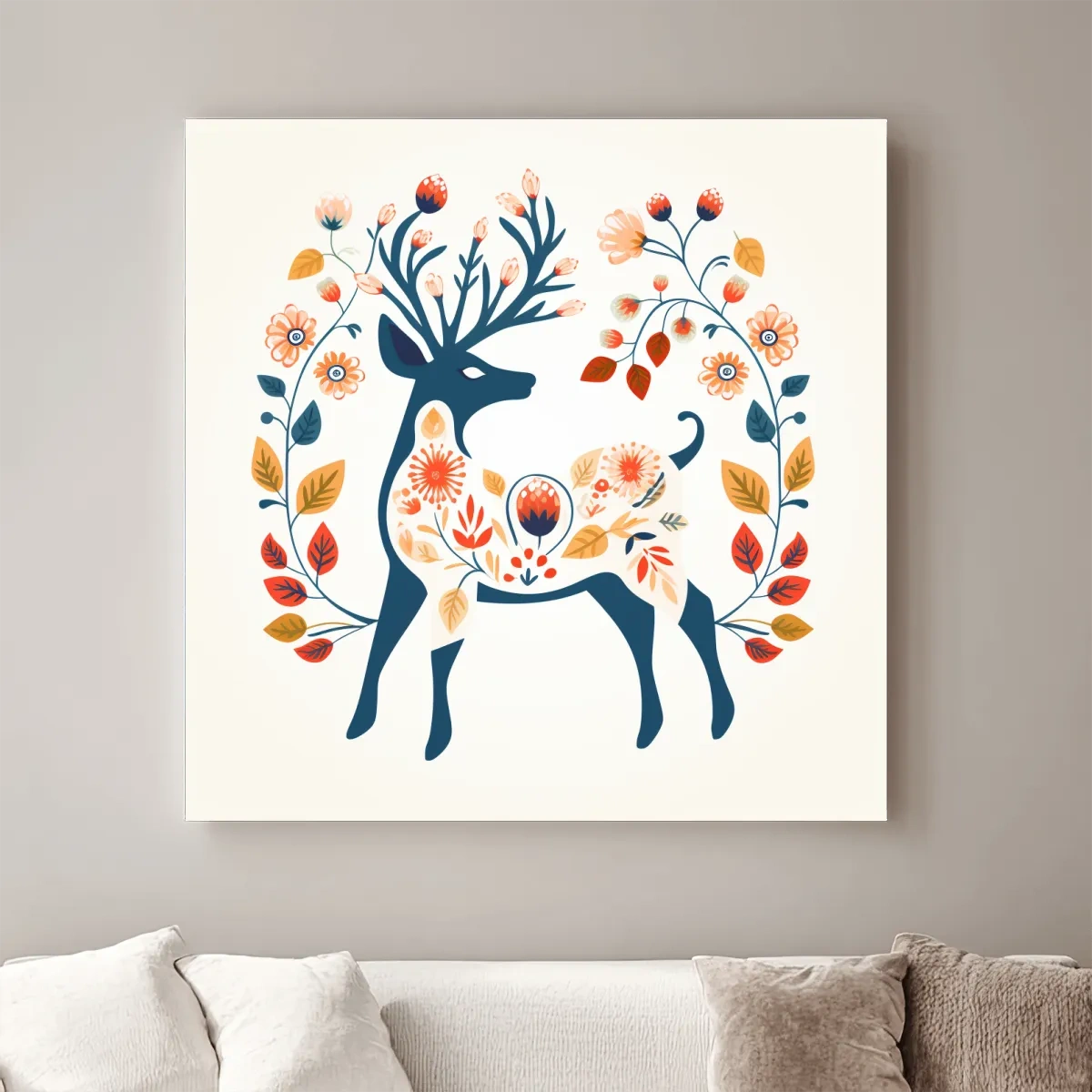 Folk Art Floral Deer Silhouette - Scandinavian Woodland Wall Art