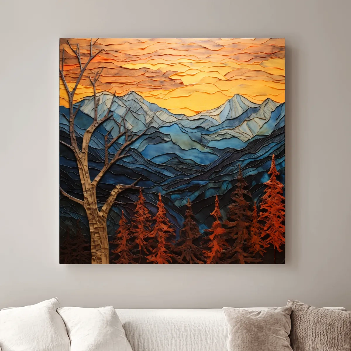 Layered Paper Cut Alpine Mountain Sunset - Mixed Media 3D Landscape Wall Art