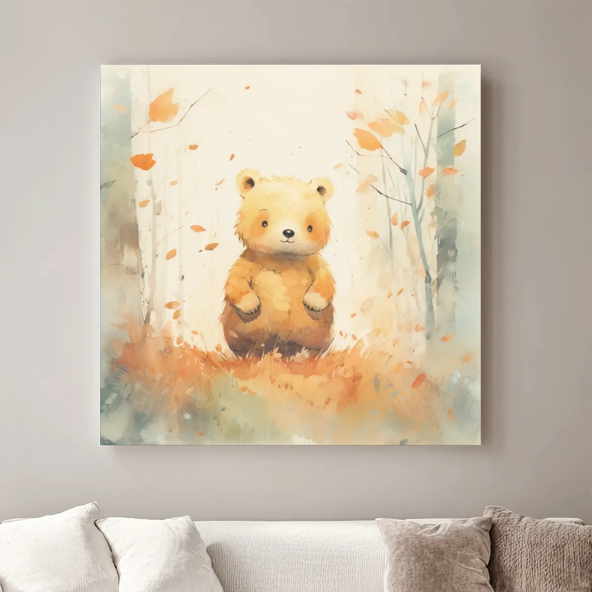 Cute bear cub in the forest, nursery watercolour style illustration art
