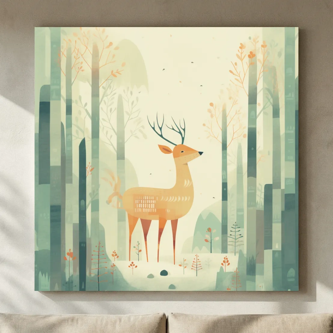 Whimsical Deer In Misty Forest - Minimalist Woodland Nursery Wall Art