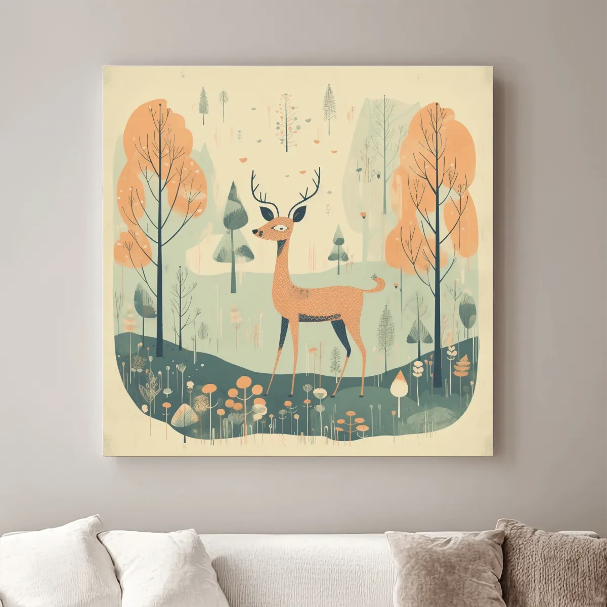 Whimsical Deer in Pastel Forest Illustration - Folk Art Woodland Nursery Wall Art