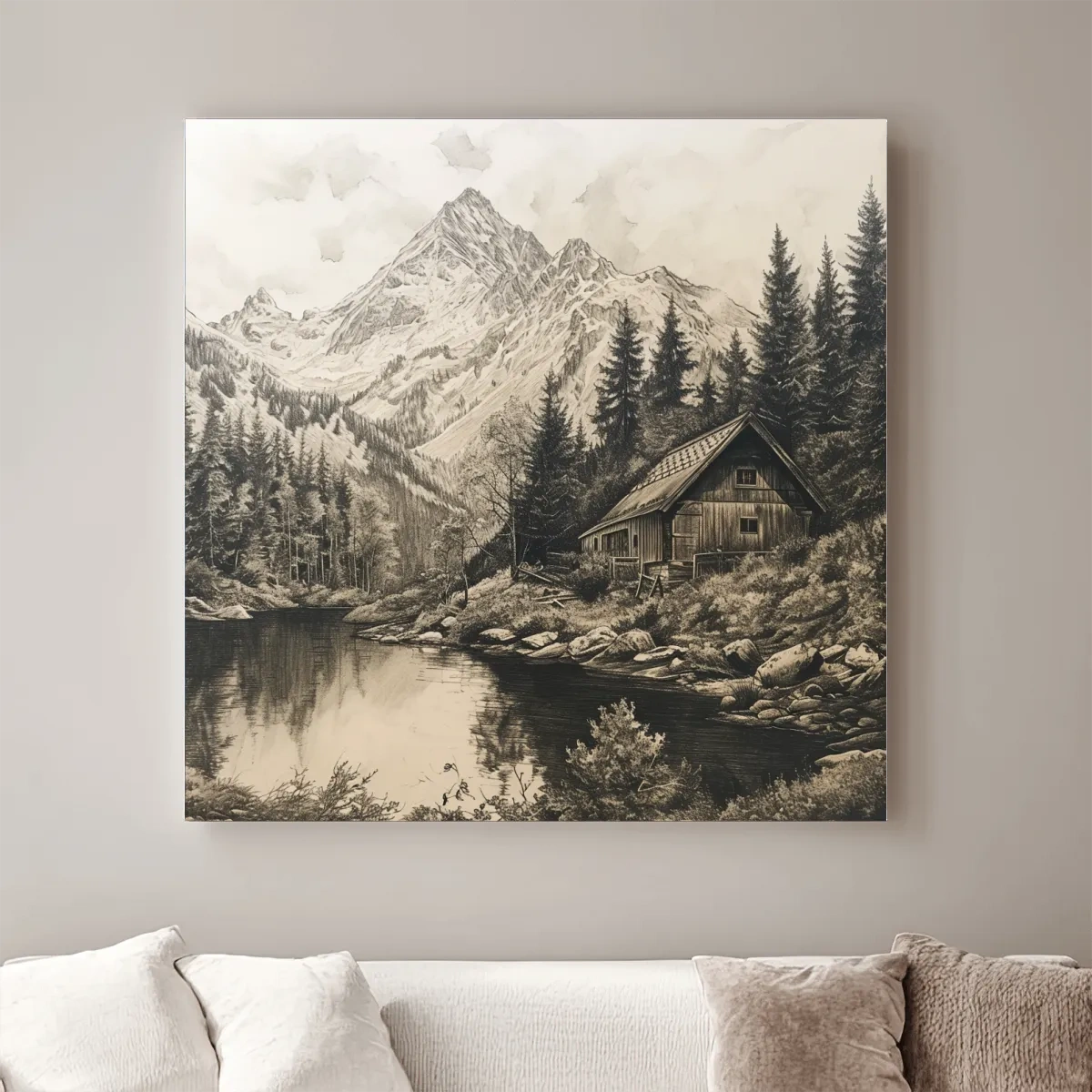 Lead pencil drawing artwork of a cabin on an alpine lake