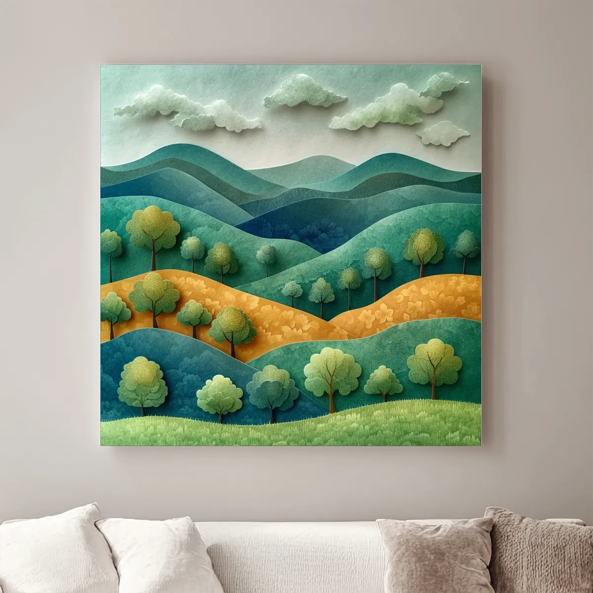 Rolling hills and trees 3d artwork, layered paper quilling effect