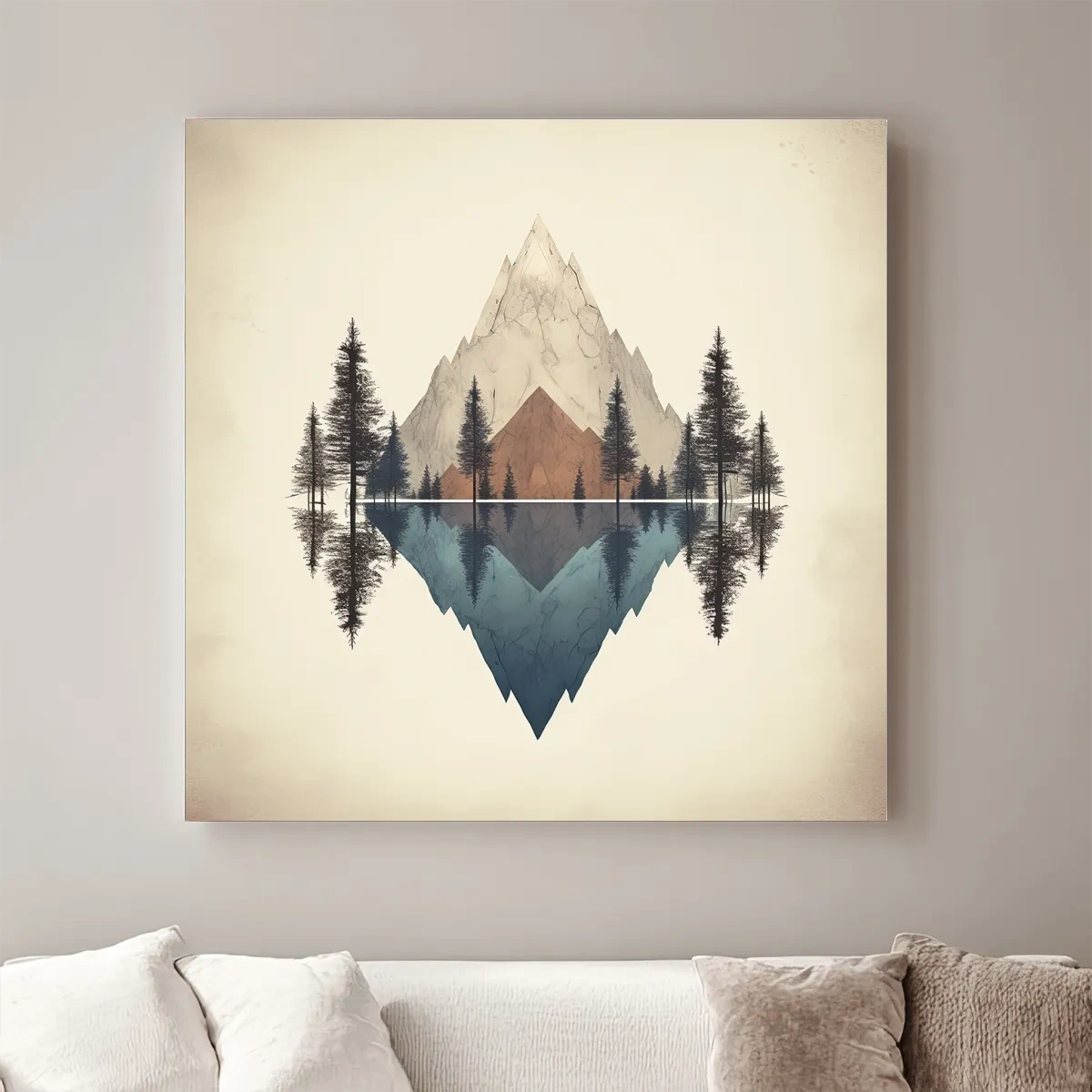 Minimal mountain art, reflections in the lake