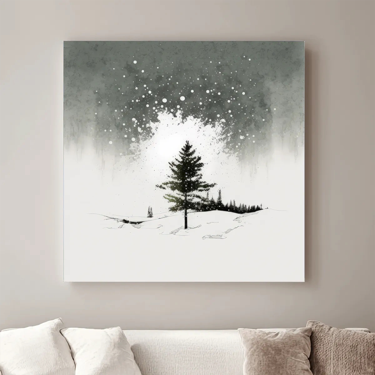 Minimal black and white art painting, lonely winter tree in the snow