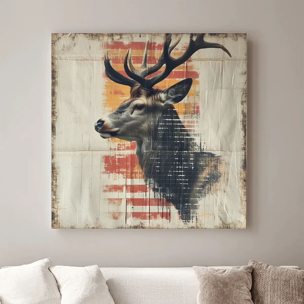 Deer head artwork, collage style art on textured paper