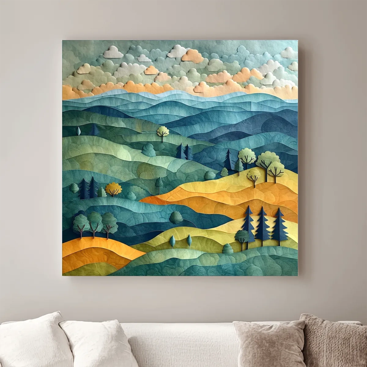 Happy hillside scene, 3d layered paper quilling cutout effect