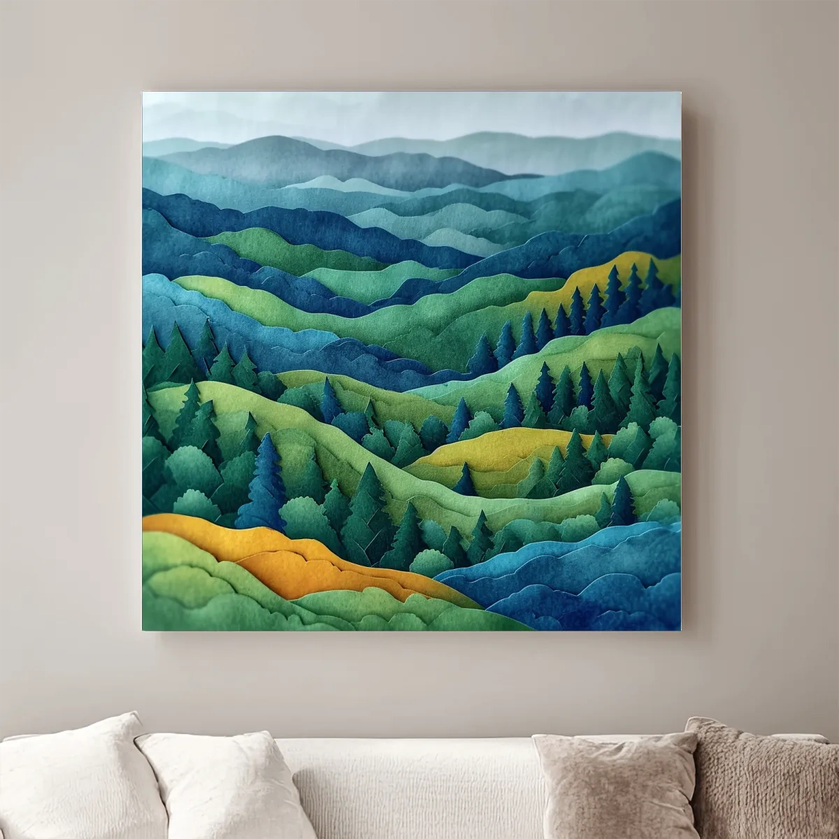 3d layered paper quilling effect artwork, rolling hills and forest