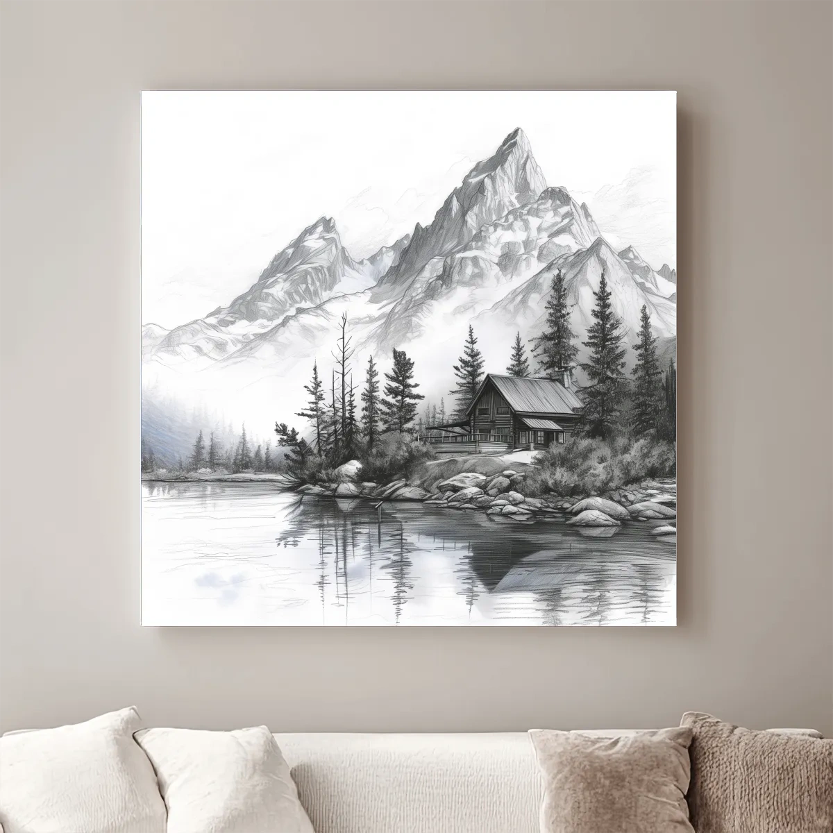 Lead pencil drawing of a cabin by an alpine lake beneath a glacier, mountain art