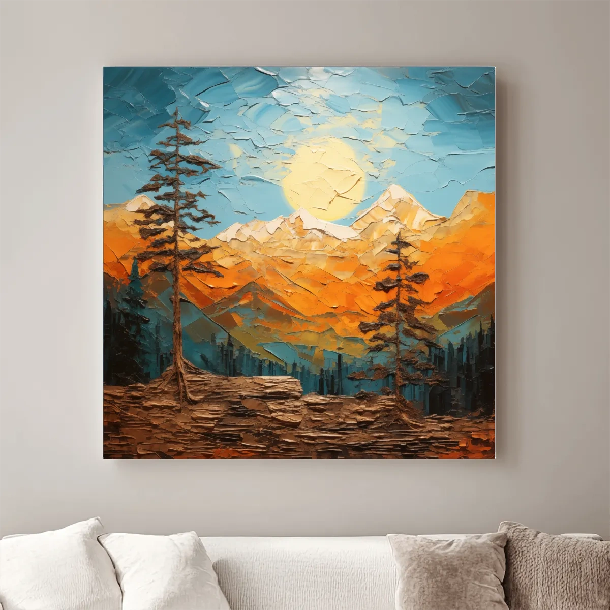 Mountains at sunset artwork print, thick impasto textured oil painting effect