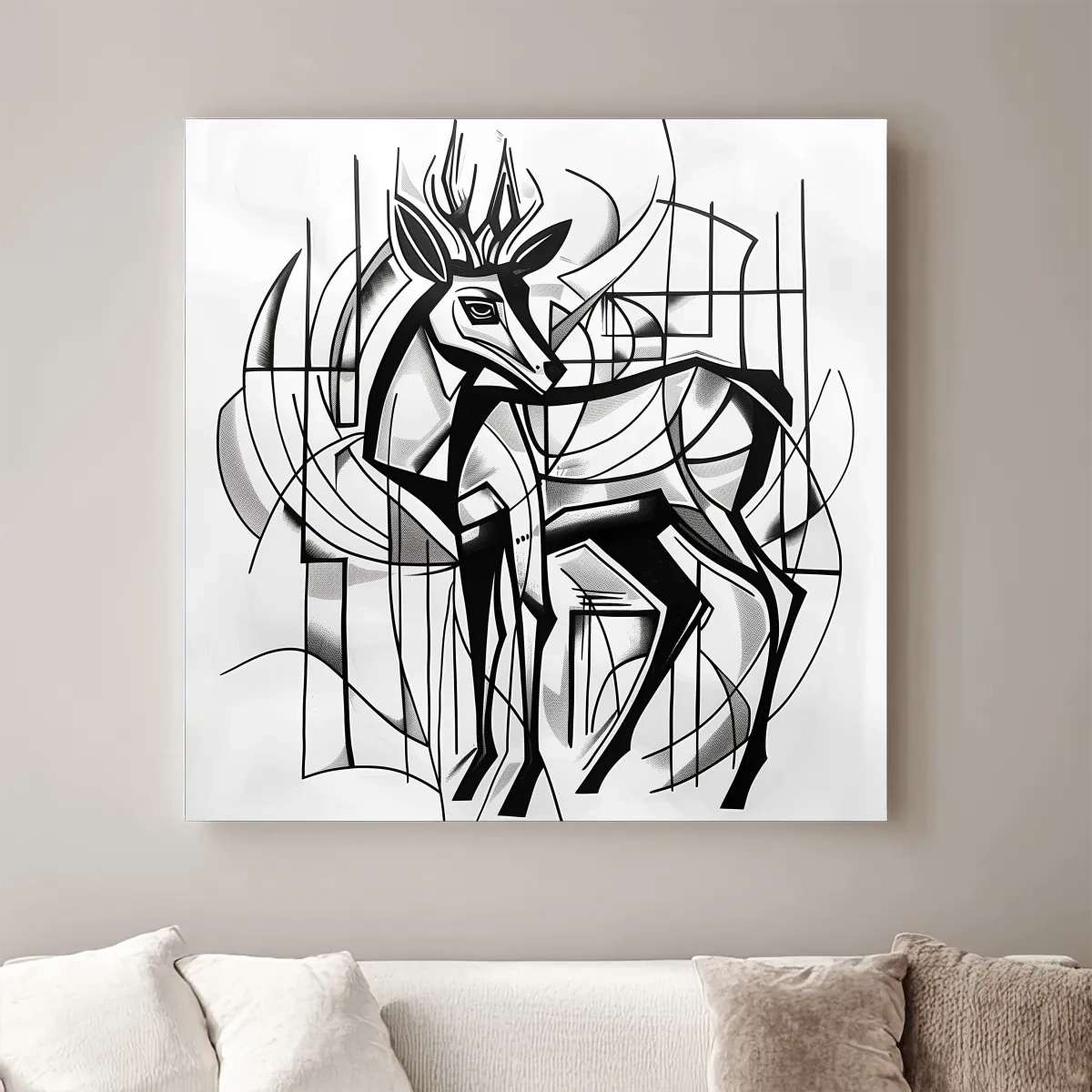 Cubism Abstract Stag Artwork - Modern Black And White Wildlife Wall Art
