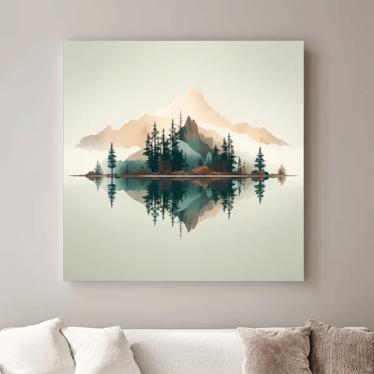 Minimalist Watercolor Mountain Lake Reflection - Serene Pine Forest Landscape Wall Art