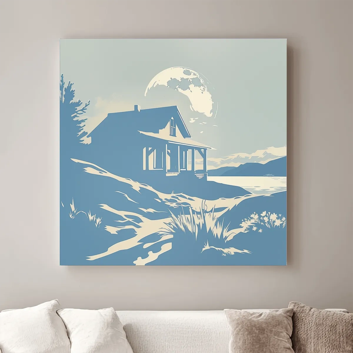 Lakeside cabin on a moonlit night, minimal vector wall artwork
