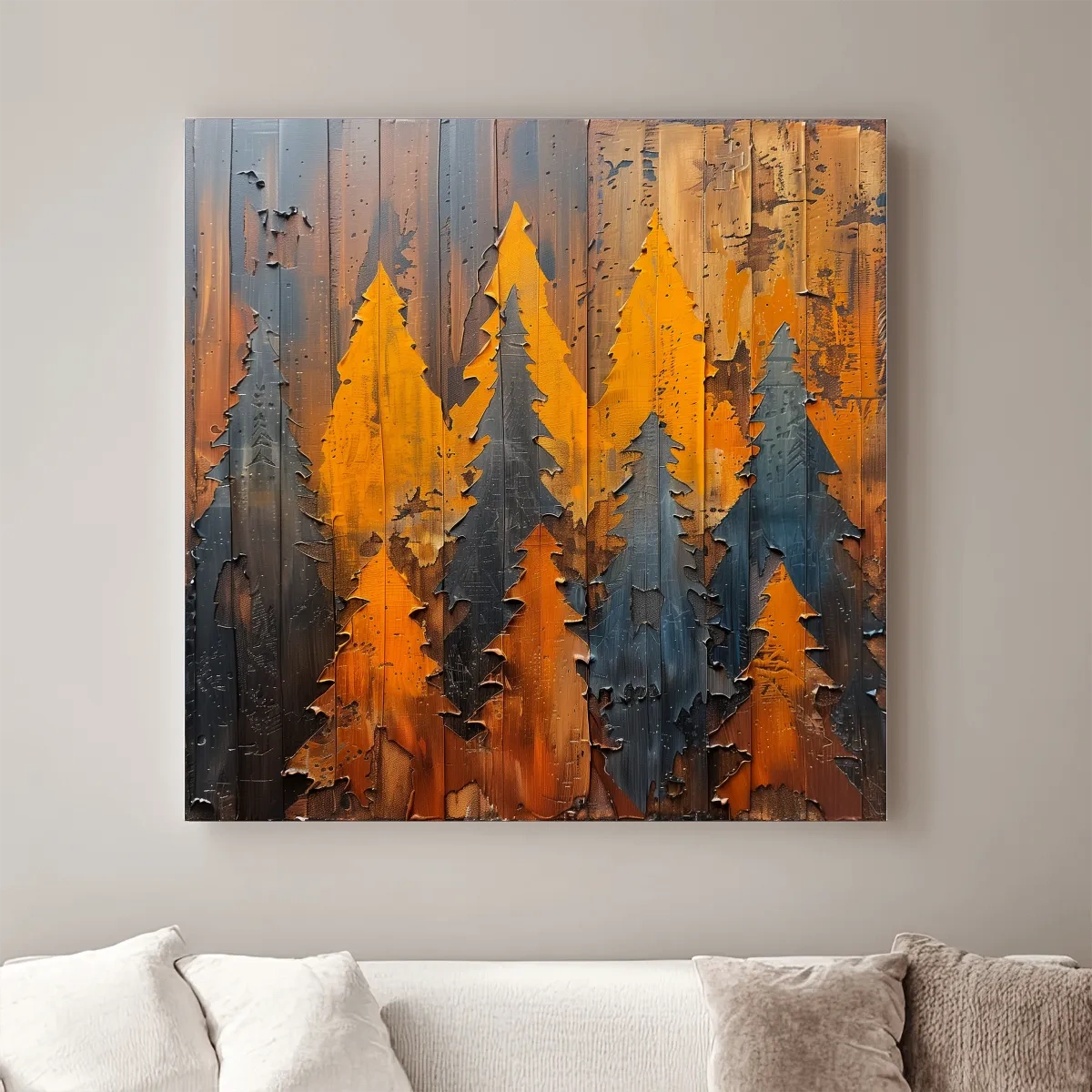 Painted wood artwork, alpine forest painting, peeled paint effect