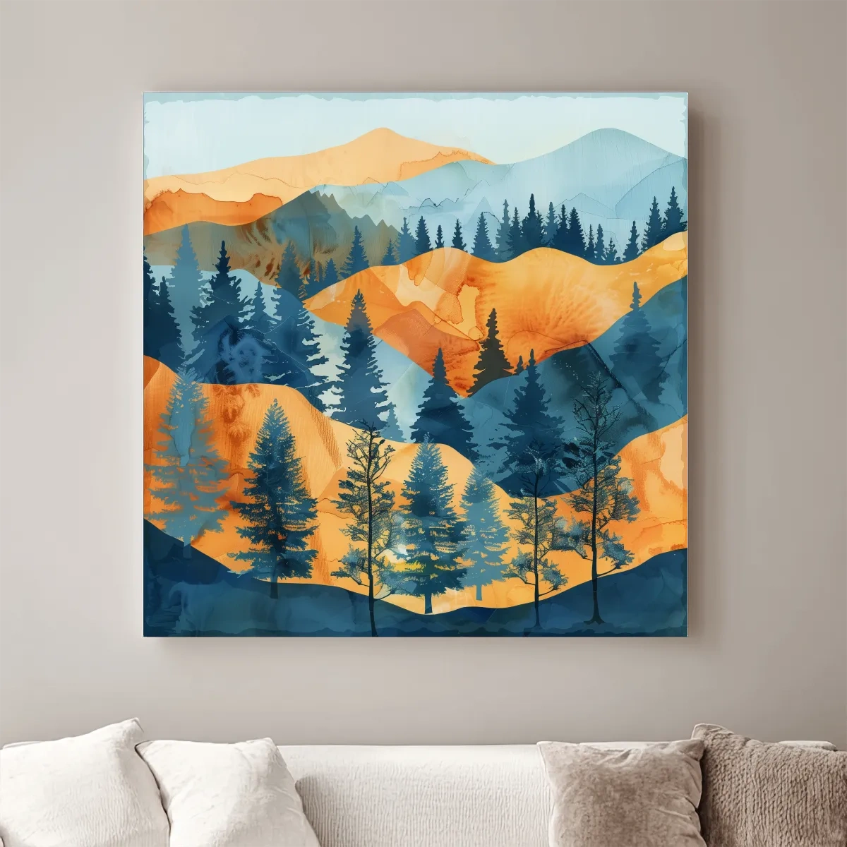 Watercolour painting forest wall art, pine trees, rolling hills and mountains