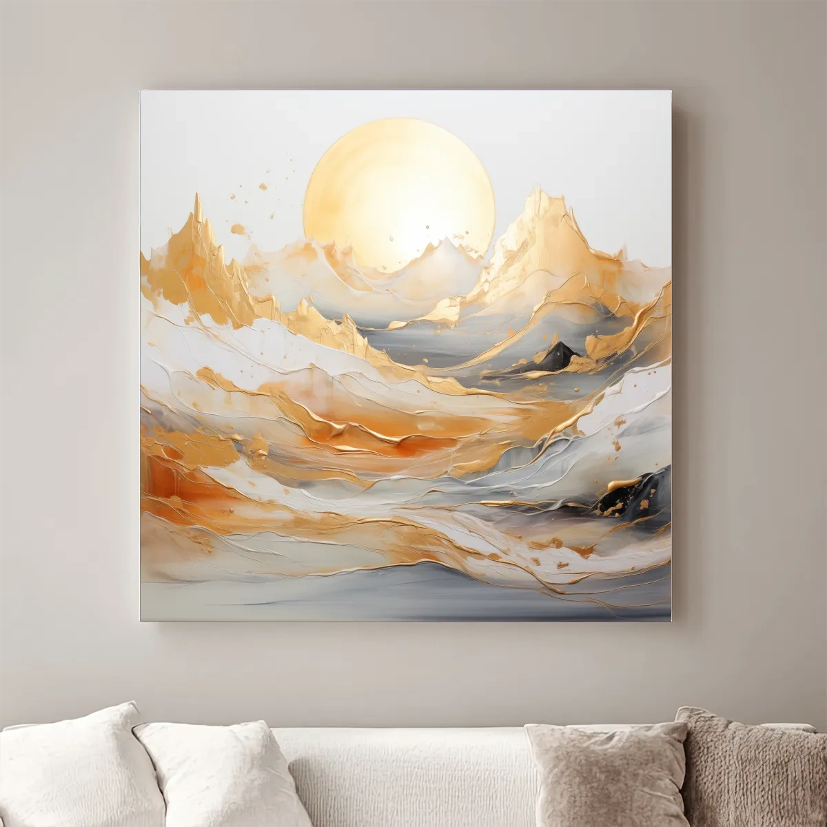 Gold leaf style painting of a mountain landscape