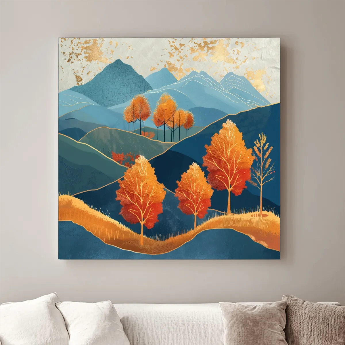Fall in the mountains wall art, gold leaf effect artwork