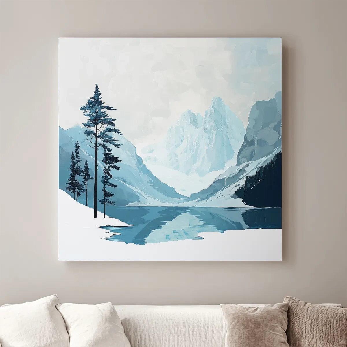 Minimalist Icy Mountain Lake - Scandinavian Winter Landscape Artwork