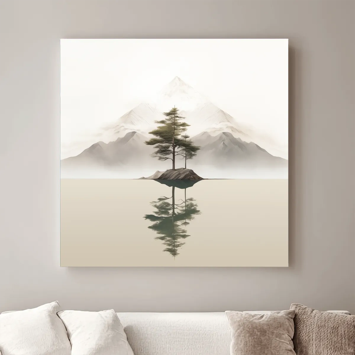 Minimalist Misty Lake Landscape Artwork - Serene Zen Pine Tree Reflection Art