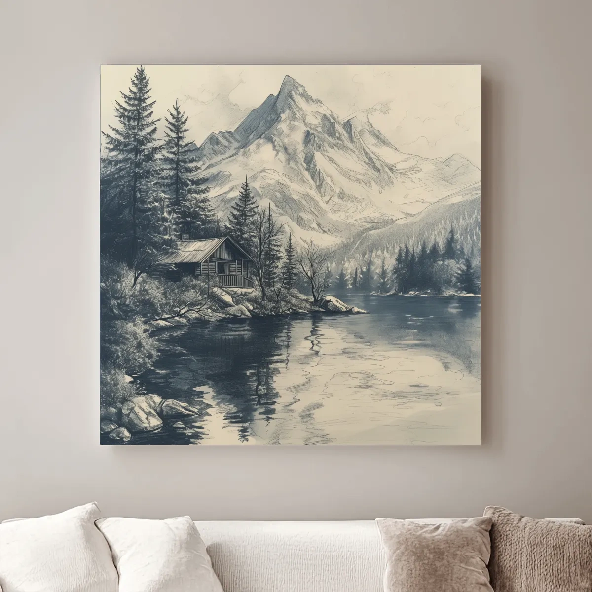 Lead pencil drawing of a cabin by an alpine lake