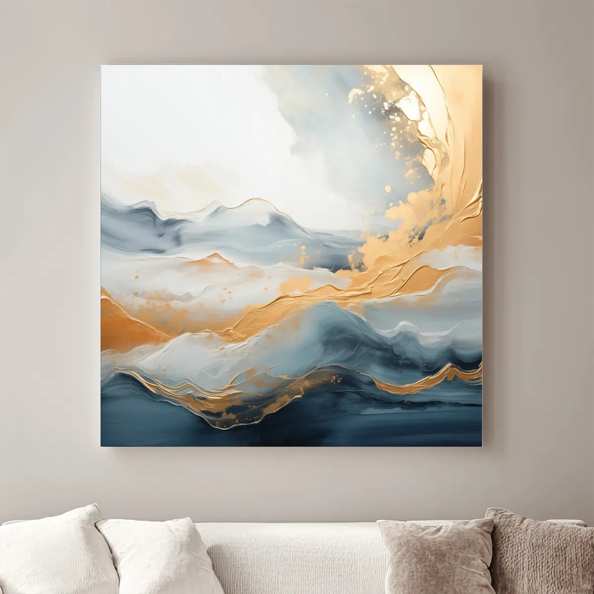 Swirling gold painting of abstract mountains and clouds