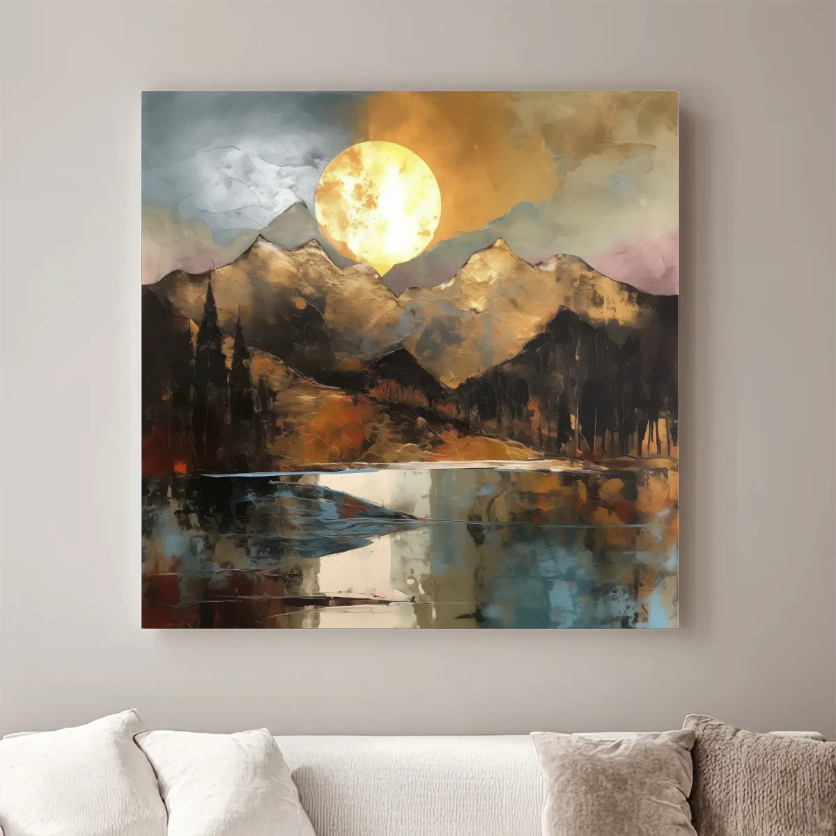 Golden mountain sunset artwork, gold leaf textured style landscape wallart