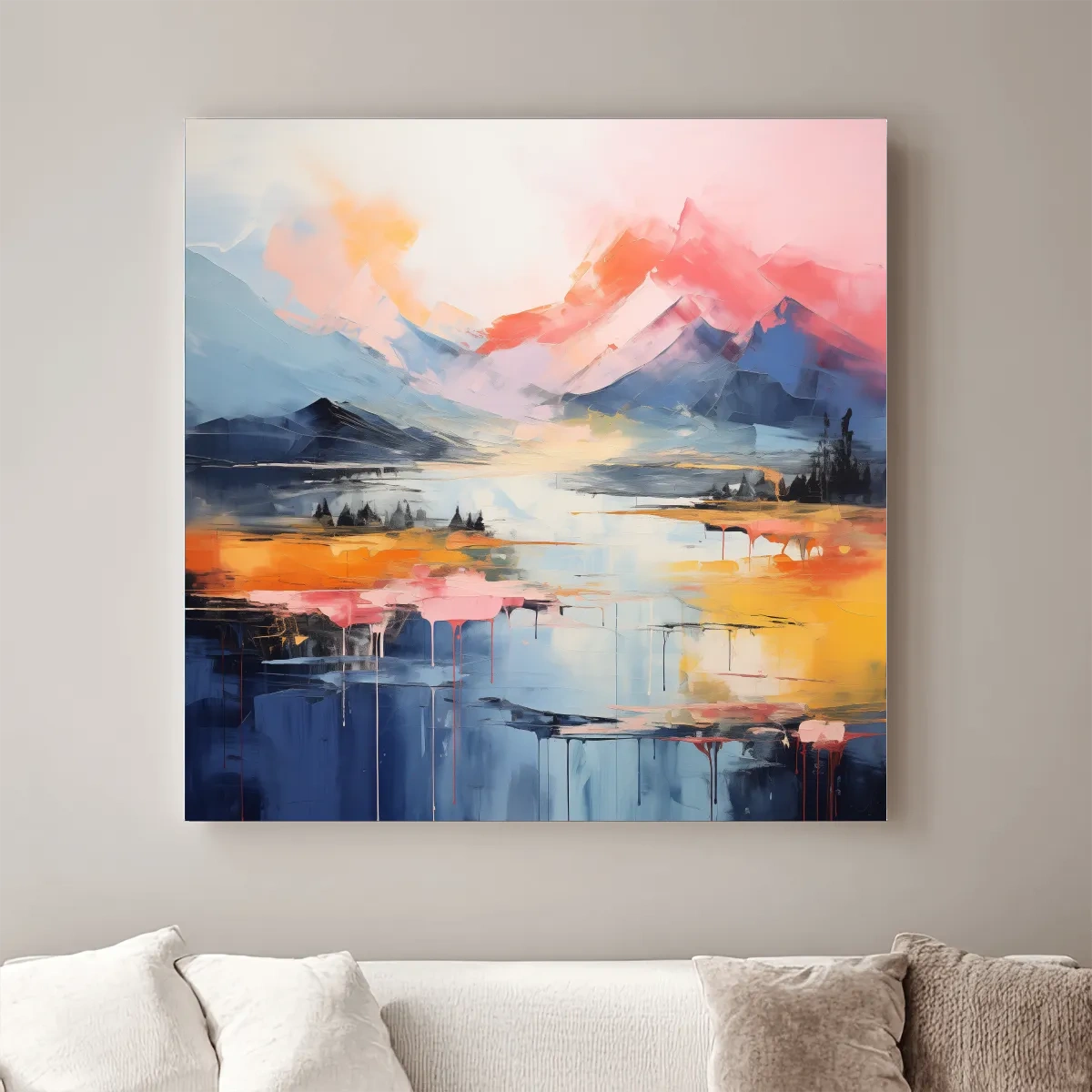 Vibrant Abstract Mountain Lake Sunset Painting - Colorful Modern Landscape Wall Art