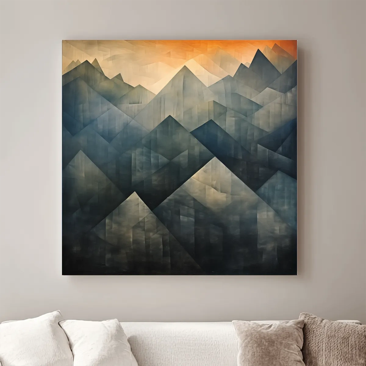 Abstract geometric mountain wall art, gradient shades with warm sunset sky