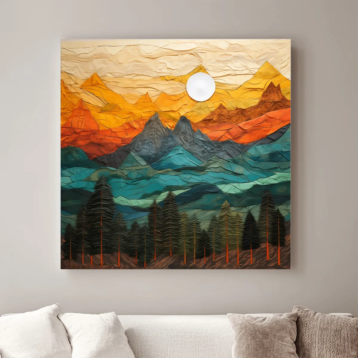 Layered Paper Cut Style Mountain Sunset - Colorful Abstract Forest Landscape Wall Art