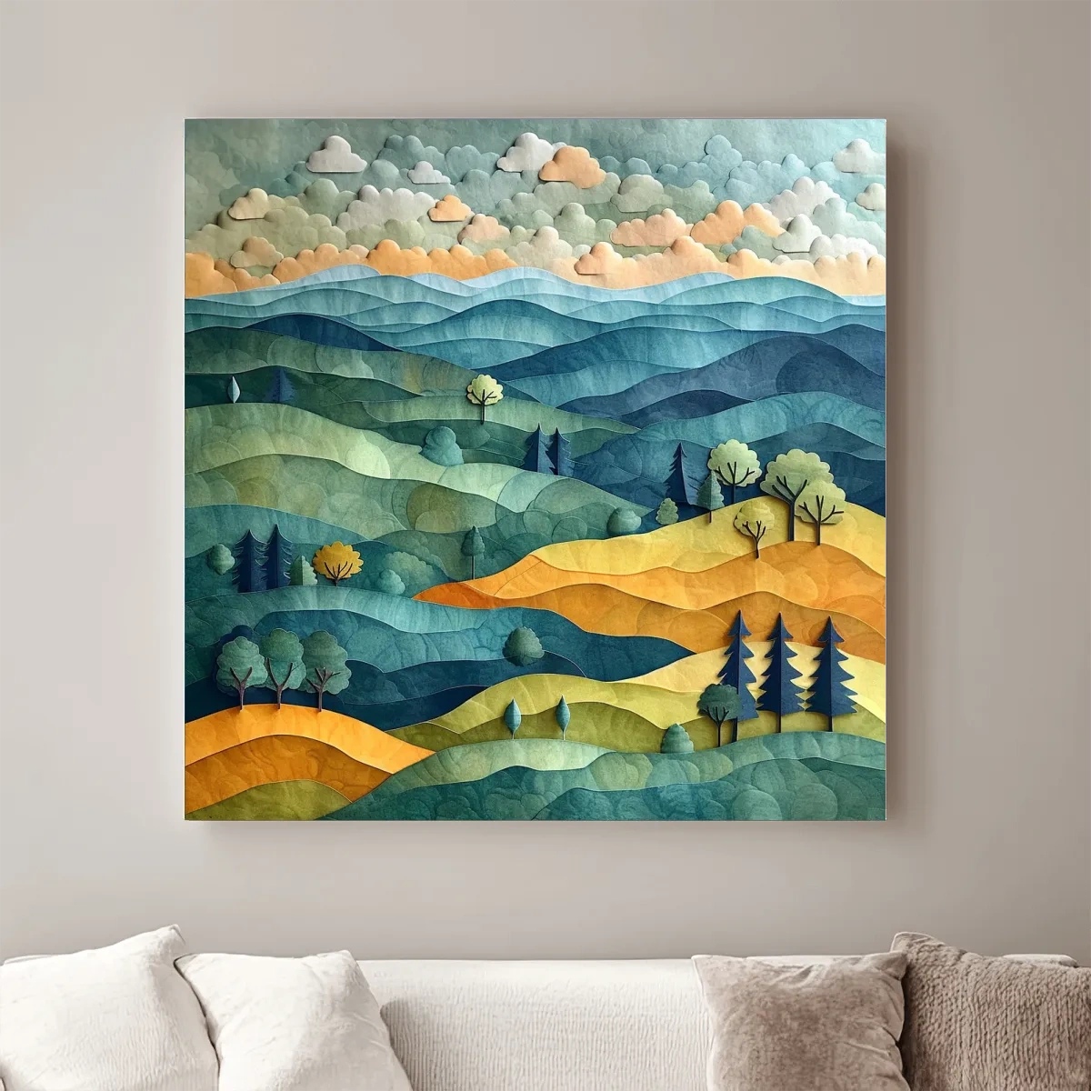Happy hillside scene, 3d layered paper quilling cutout effect