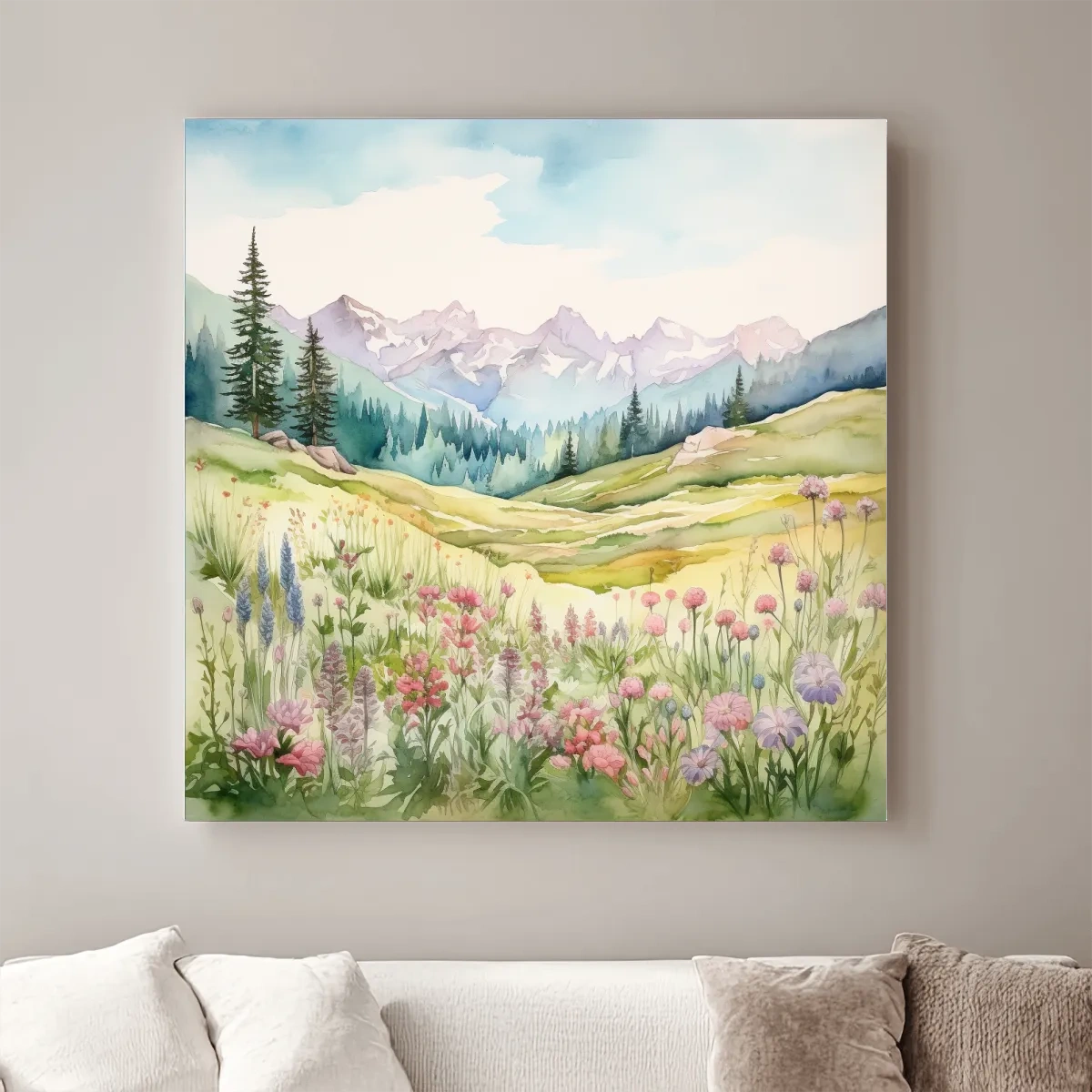 Watercolour painting of alpine flowers in pastel mountain meadows