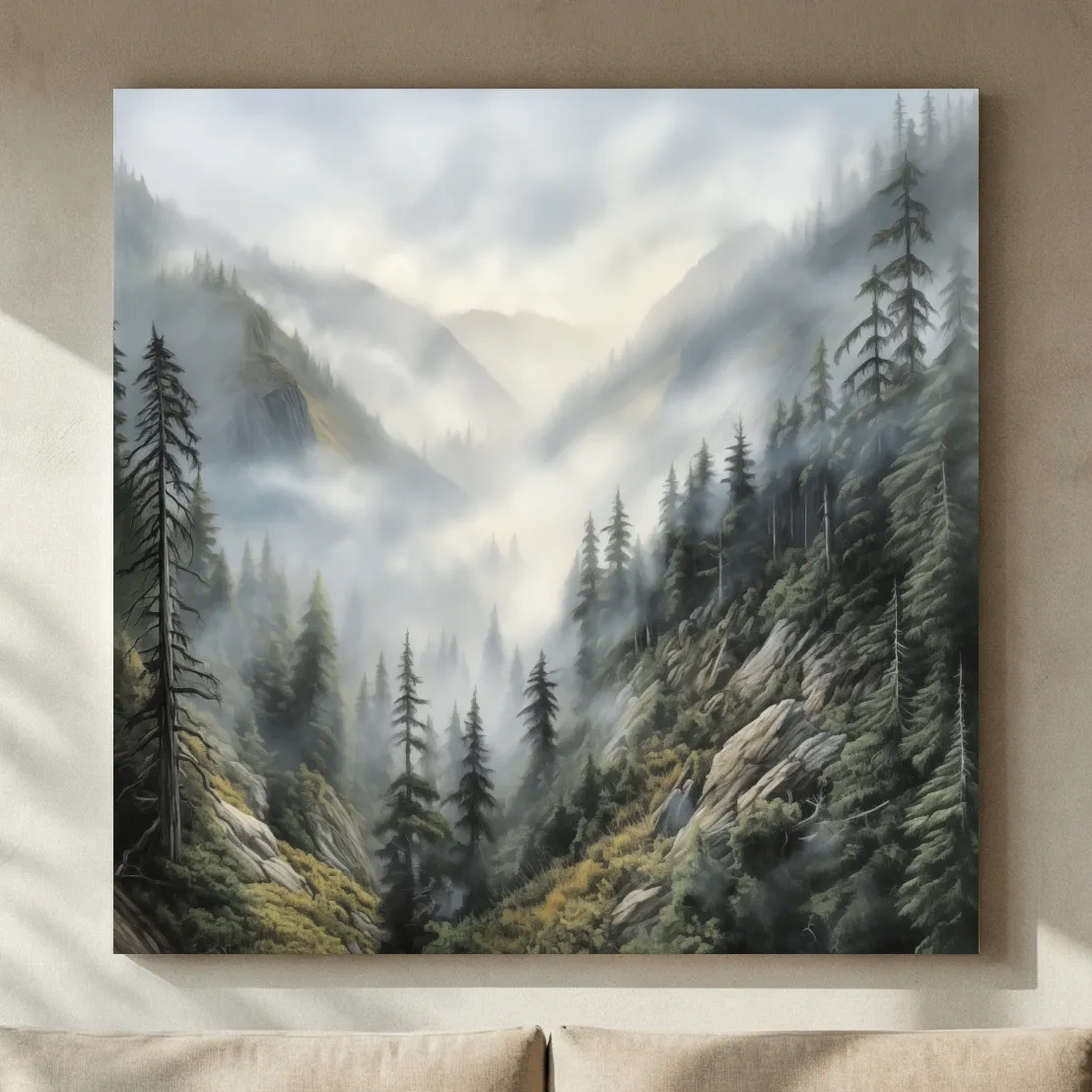 Misty Mountain Valley Pine Forest Painting - Foggy Alpine Landscape Wall Art