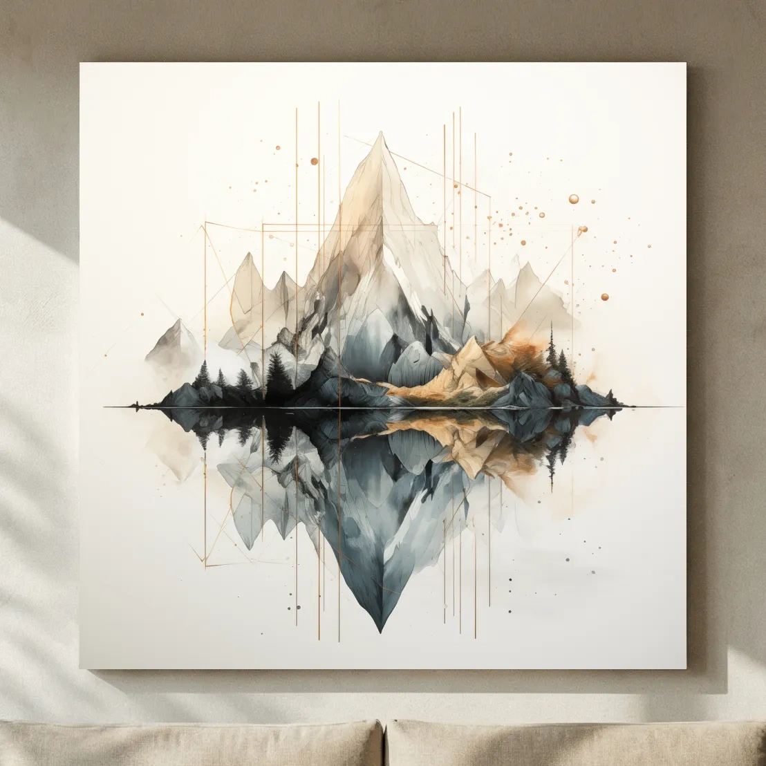 Geometric Watercolor Mountain Reflection Landscape - Modern Minimalist Wall Art