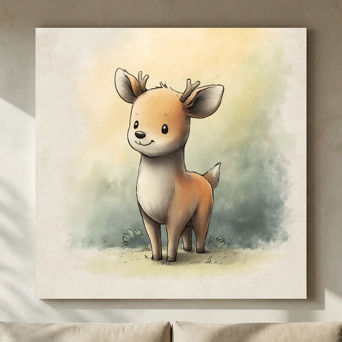 Cute Baby Deer Watercolor Illustration - Whimsical Woodland Nursery Wall Art